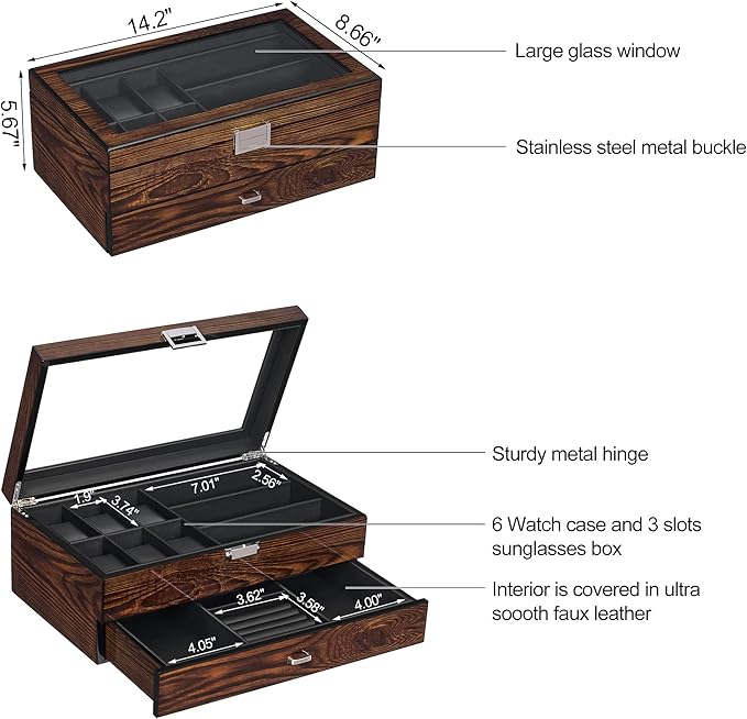 BEWISHOME Men’s Jewelry Box Organizer with Watch Box, 6-Slot Watch Box & Sunglasses Organizer with Drawer, PU Leather Interior, Solid Wooden Watch Case Display with Large Clear Glass Lid, Gift Idea