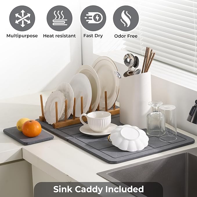 Large Stone Dish Drying Mat for Kitchen Counter, 2PCS Quick Dry Stone Dishes Mats, Detachable Water Absorbing Diatomaceous Earth Drying Pad for Bottles Dish Cups(Dark Gray 24"×16" & 8"x5")