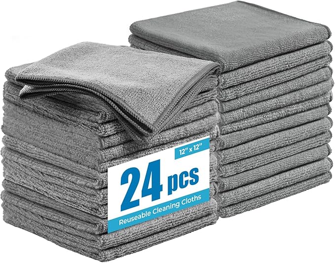Tekswip Microfiber Cleaning Cloth 12"X12" 24 Pack Grey Lint Free Microfiber Towels for Cars-Extra Thick, Streak-Free, Fast Absorbent - Reusable Multi-Purpose Housekeeping Rags for Cars