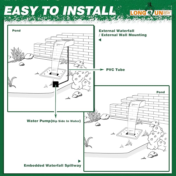 Pool Fountain Waterfall Spillway with Wider Water Flow Platform, Stainless Steel Waterfall with Pipe Connector Kits, Water Feature Spillway for Garden Decor, Patio, Ponds, 23."x11.8"x3.9"