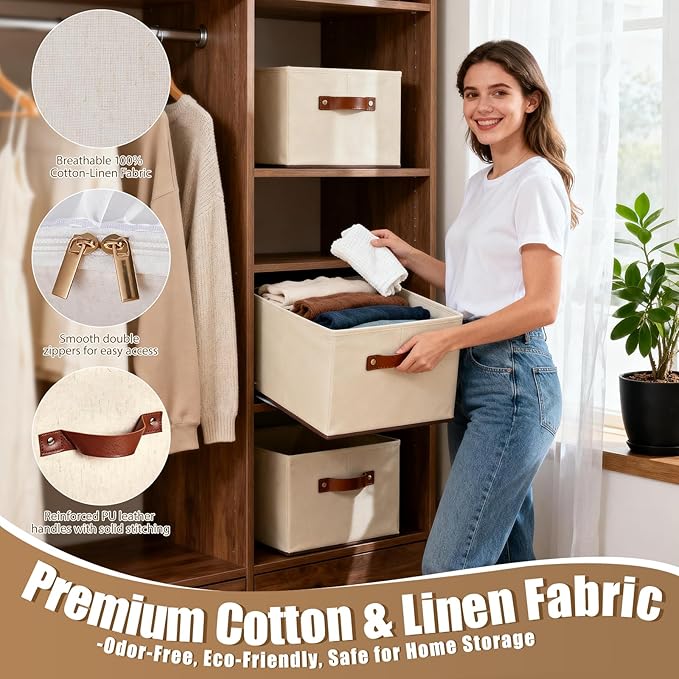 2 Pack Large Fabric Storage Baskets for Shelves, Basket Organizers and storage Bins with Handles for Home Organizing, Beige Decorative Collapsible Baskets for Clothes, Toys, and Blankets