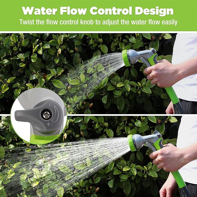 WORKPRO Garden Hose Nozzle - 100% Heavy Duty Metal Water Hose Spray with 8 Adjustable Spray Patterns, Hand Sprayer with Thumb Control for Car Washing, Plants Watering, Pets Showering, Outdoor Fun