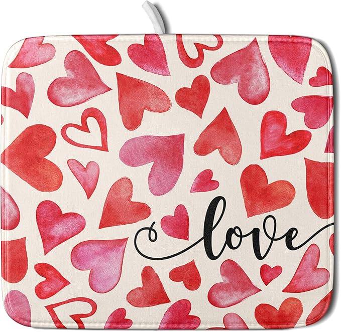 ABSOP Valentine's Day Dish Drying Mat 16 x 18 Inch Heart Shaped Dish Drying Pad Absorbent Microfiber Mats for Red and Pink Dish Rack Pad for Kitchen Counter Coffee Bar Decor