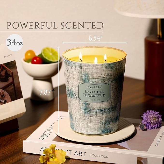 HomeLights Scented Candles | Large Jar 34 Oz Natural Soy Candle | 130 hrs Long-Lasting with 3 Wicks | Scandinavian Minimalist Design Home Decor | Gifts for Mom & Women, Lavender Eucalyptus