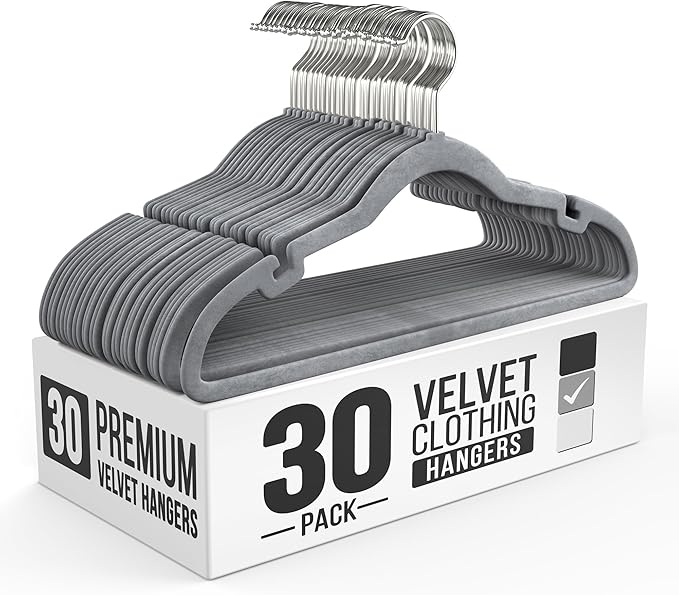 30 Pack Velvet Hanger for Shirt Pants Dresses Skirts Suits Jackets - Slim Space Saving Design - Standard Coat Hanger - Sturdy & Durable Design with Shoulder Grooves Hook