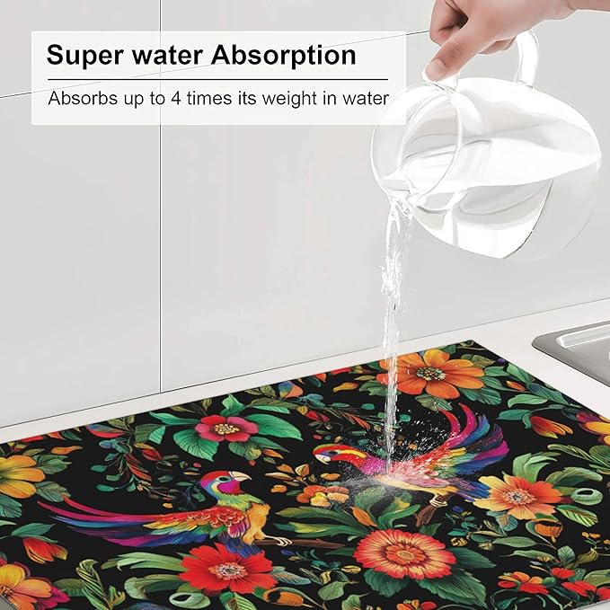 Mexican Flowers Dish Drying Mat for Kitchen Counter Microfiber Super Absorbent Non-Slip Dish Drying Pad for Countertops Dishes Utensils Stylish Quick-Dry Machine Washable 18x24 Inch