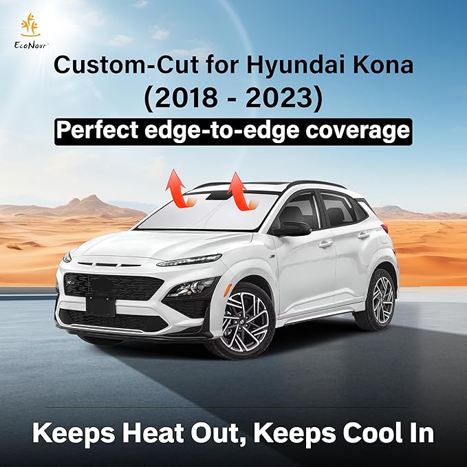EcoNour Windshield Sun Shade Compatible for Hyundai Kona 2018–2023 | Custom Fit Compact SUV Front Window Sunshade | Foldable UV & Heat Reflective Sun Visor