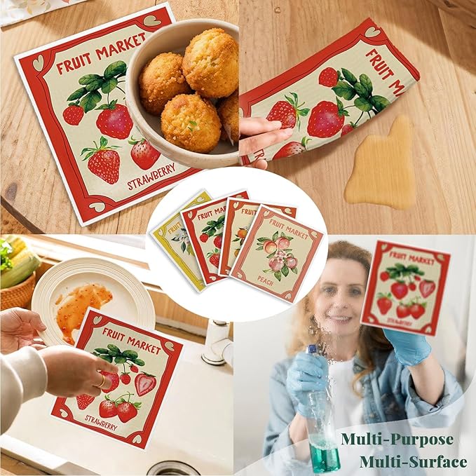LARTSFRO Swedish Dishcloths for Kitchen, Pink Strawberries Peach Orange Lemon Swedish DishCloths for Summer Friut Market, 4 Pack Dish Towels for Kitchen, Papaya Reusable Paper Towels Washable