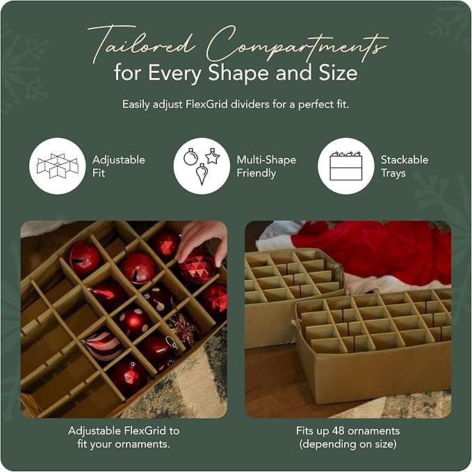 Covermates Keepsakes Adjustable Ornament Storage Box – Heavy-Duty Polyester, Padded Dividers & FlexGrid Trays – Protective Holiday Organizer with Stackable Walls & Label Window, Red