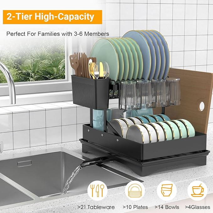 ULAIHOMN Large Dish Drying Rack,Dish Rack 2 Tier,Dish drainers for Kitchen Counter with Cup Chopping Board Cutlery Holder,Anti-Rust Collapsible 16.5" L x 11.8" W Black