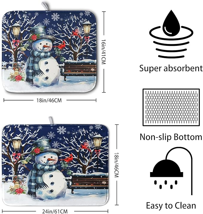 Kwlegh Winter Snowman Dish Drying Mat for Kitchen Counter 18x24, Xmas Snowflakes Dish Drainer Mat Snowy Night Drying Kitchen Mats Cardinal Birld Dish Pad Absorbent Reversible Coffee Mats for Dishes