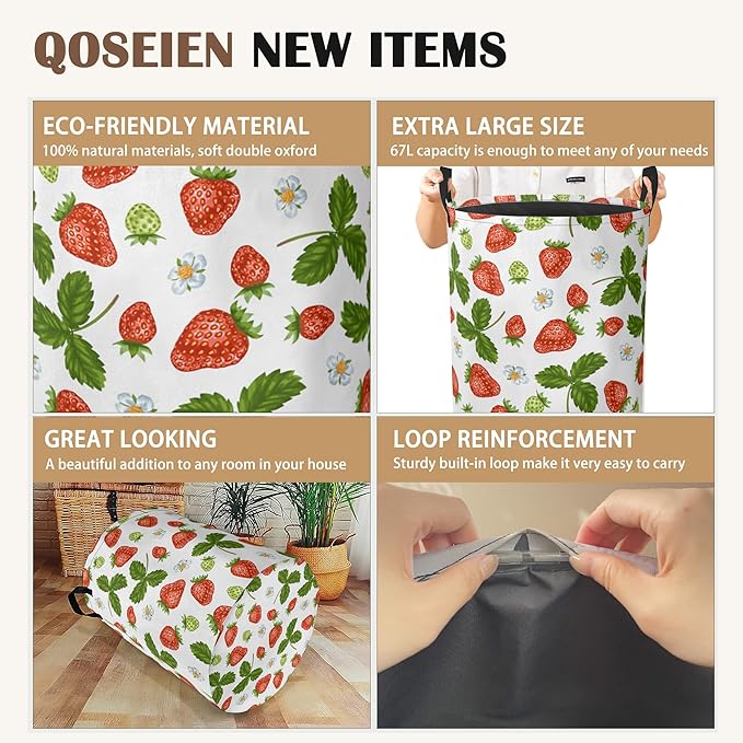 Strawberry Laundry Hamper,Collapsible Laundry Baskets,Flowers Leaf Dirty Clothes Baskets with Handles,Oxford Cloth Hamper for Bedroom,Bathroom,College Dorms, 16"x20"