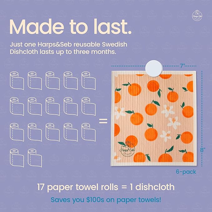 Harps&Seb Swedish Dishcloths for Kitchen Dishcloths - 6 Pack, Reusable Paper Towels with Clips, Super Absorbent Washable Non-Scratch Swedish Dish Towels, No Odor, Biodegradable