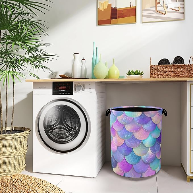 Glitter Fish Scales Laundry Hamper,Mermaids Dirty Clothes Laundry Basket with Handles Waterproof Oxford Cloth Storage Basket for College Dorms Bathroom Bedroom 16" x 20.8"