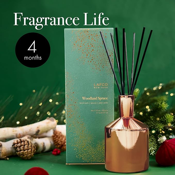 LAFCO New York Holiday Reed Diffuser, Woodland Spruce - 6 oz - Up to 3 Months Fragrance Life - Reusable Glass Vessel - Natural Wood Reeds - Made in The USA