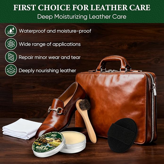 Awaydol 4-in-1 Mink Oil Leather Conditioner and Cleaner 3.52 oz - Premium Waterproof Formula for Leather Cowboy Boots,Shoes,Saddles & Bags with Horsehair Brush, Sponge & Microfiber Cloth