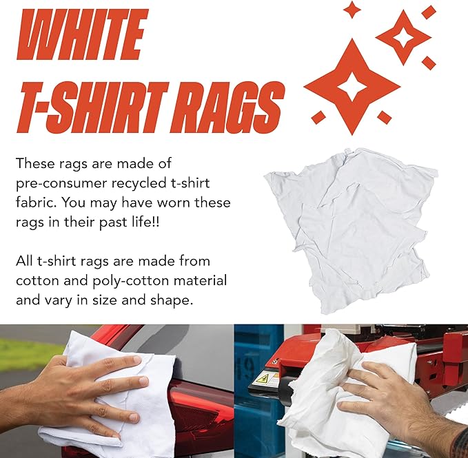Arkwright Tshirt Bag of Rags - 10 lb Bag - Low Lint, Streak-Free Multipurpose Professional Cotton Cleaning Cloths for Stain, Paint, Wood, and Grease, White