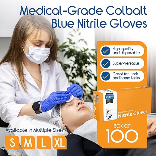 Inspire Cobalt Blue Nitrile Disposable Gloves | 4.5 Nitrile Safety Medical Exam Cooking Cleaning Disposable Gloves (Blue - Box of 100, Small)