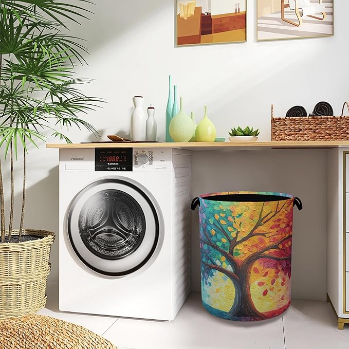 Tree of Life Laundry Basket,Oxford Cloth Laundry Hamper with Handle Foldable Portable Clothes Storage Basket for Bathroom Bedroom Dorm Room 16" x 20.8"