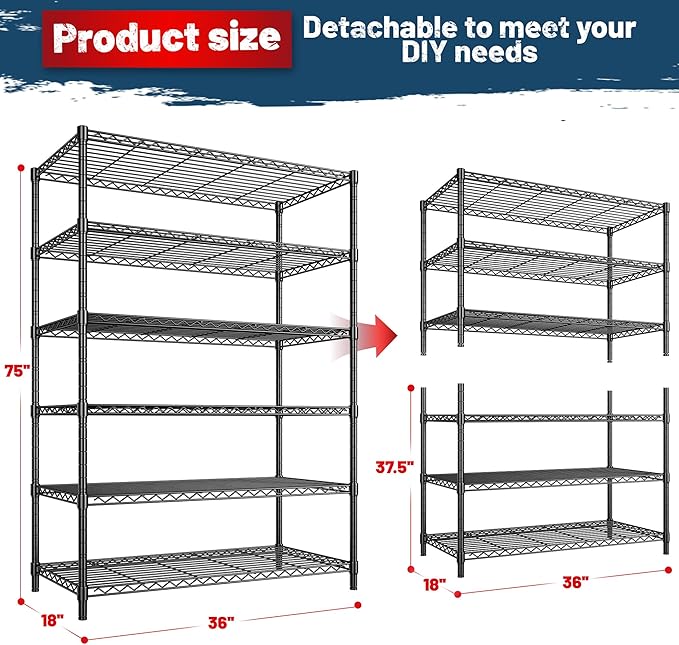 DurayLoly Storage Shelves Metal Shelving Unit 6Tier Wire Shelving Rack 1200LBS Heavy Duty, Adjustable Pantry Shelves, Metal Shelf for Kitchen,Garage Shelving,Closet Shelves,75" Hx 36" Wx 18" D