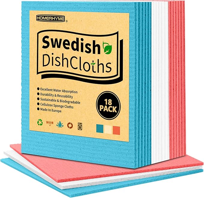 HOMERHYME Swedish Dishcloths, 18 Pack Kitchen Towels Dish Rags, Absorbent Swedish Dish Towels for Kitchen, Non-Scratch Cellulose Sponge Cloths, Biodegradable Washable Reusable Paper Towels, Assorted