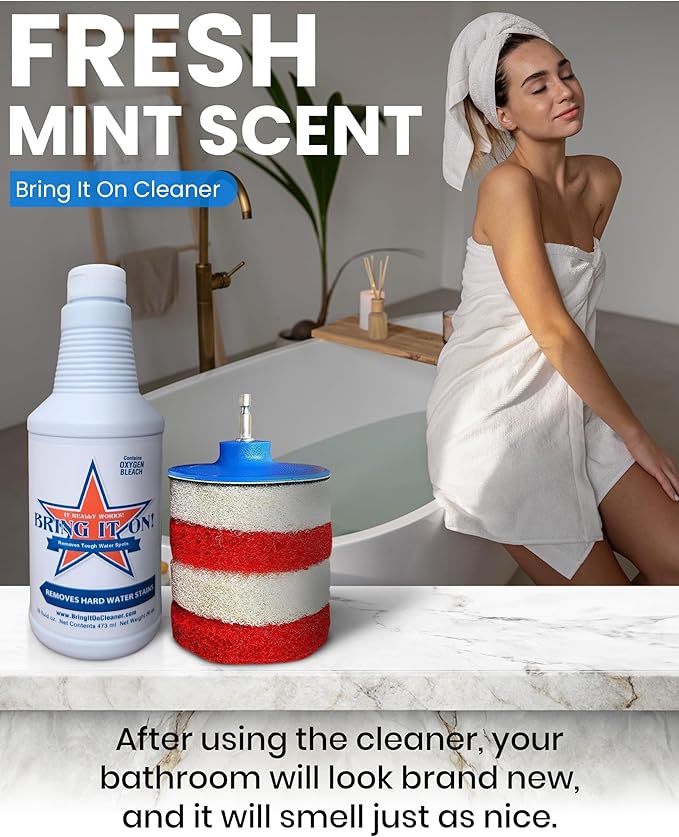 Bring It On Cleaner Hard Water Stain Remover for Glass, Soap Scum remover for Shower glass, Fiberglass, Windows, Tile and Grout Cleaner, Water Spot Remover for Glass Includes Scrubbing Drill Pads