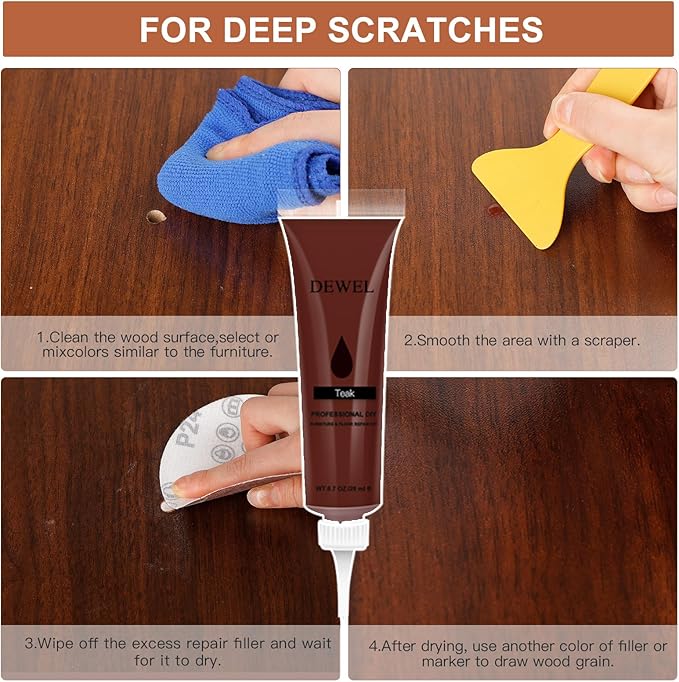 DEWEL Wood Furniture Repair Kit 40 Pcs, 12 Colors Wood Filler and Touch Up Markers, Wooden Putty and Polish Wax, Repair Scratch, Cracks, Hole, Stains for Hardwood Floor, Table, Laminate, Cabinet