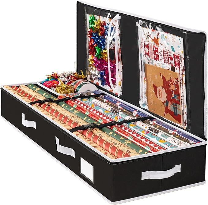Criusia Gift Wrapping Paper Organizer Storage, Durable Underbed Storage Container Fits 24 Rolls, with Removable Dividers and Pockets for Ribbon, Ornaments, Holiday Accessories, Black