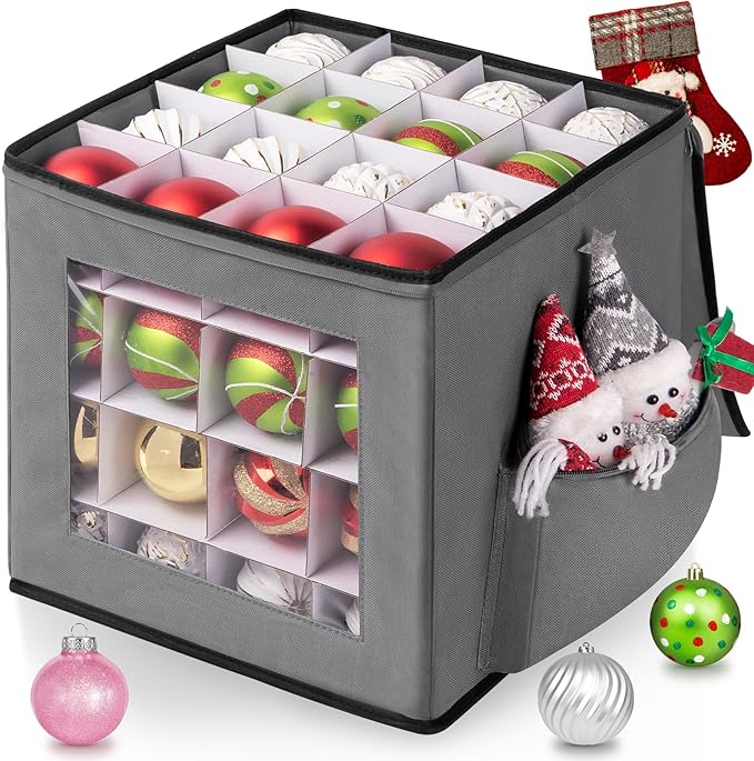 Christmas Ornament Storage Box, Premium Ornaments Organizer with Adjustable Dividers Pockets Clear Window Store Up to 64 Holiday Ornaments Storage Container Bin Zippered for Christmas Decorations Grey