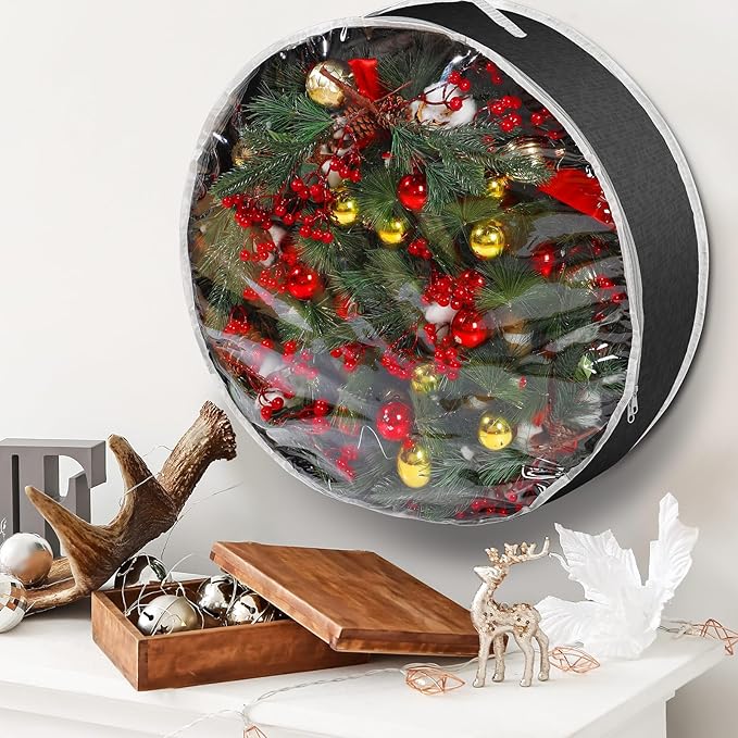 Aliceset 4 Pack Wreath Storage Containers, Christmas Ornament Garland Wreath Storage Bags with Handle Dual Zipper Large Decorative Storages Box for Winter Wreaths(24 x 24 x 7.8 Inch,Black)