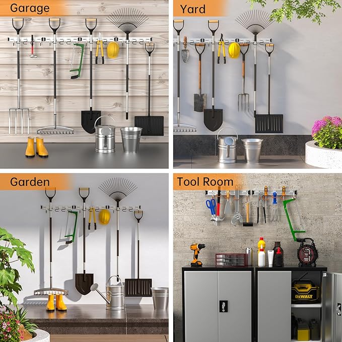 69'' Aluminum Alloy Garden Tool Organizer Wall Mount Garage Organizers and Storage with Hooks Tool Hangers for Shed Hooks for Shovel, Rake, Broom & More
