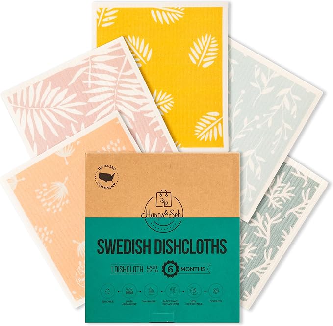 Harps&Seb Swedish Dishcloths for Kitchen Dish Towels - 5 Pack, Non-Scratch Reusable Paper Towels, Super Absorbent Washable Swedish Dish Cloths, No Odor, Biodegradable, Leaf Design