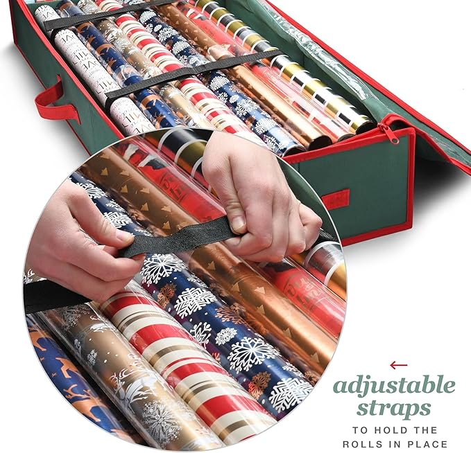 Premium Wrapping Paper Organizer Storage | Gift Wrap Holder With Extra Pockets for Christmas Decorations, Reinforced Handles, Heavy Duty, Ultra-Durable, Tear-Proof Fabric - Fits Up to 27 Rolls (Green)