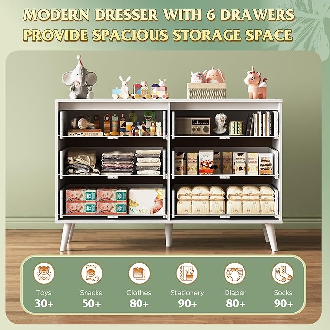 WLIVE White Dresser for Bedroom, 47'' Wide 6 Drawer Wooden Chest of Drawers, Modern Dresser Storage Organizer, TV Stand for 55 inch TV, for Living Room, Hallway, Closet