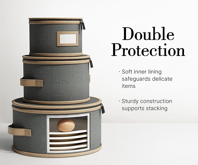 Hard Shell China Storage Containers – 4 Piece Set for Storing Dinner Plates, Salad Plates, Quilted Dividers for Safe Moving and Seasonal Storage, Grey with Brown Edging