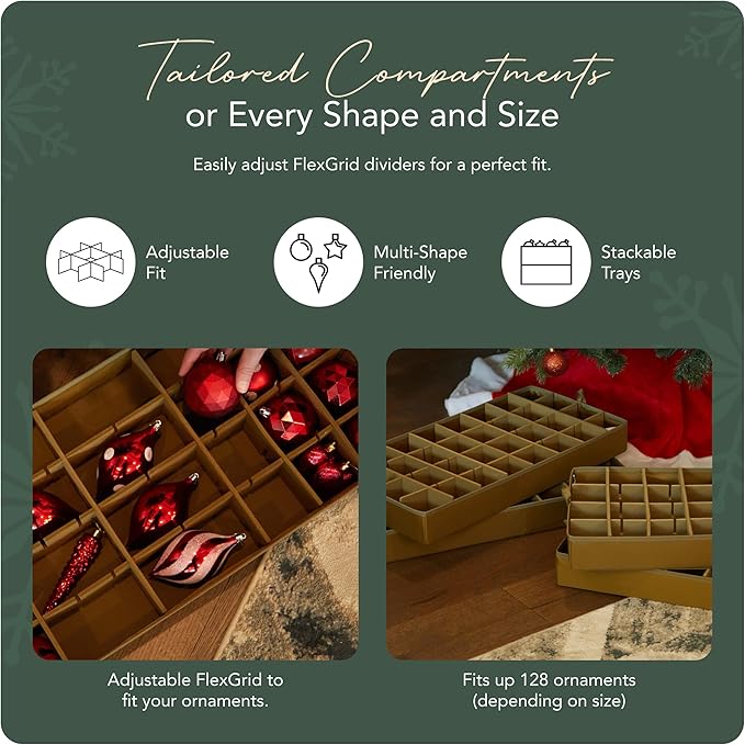 Covermates Keepsakes Adjustable Ornament Storage Bag – Heavy-Duty Polyester, Padded Dividers & FlexGrid Trays – Protective Holiday Ornament Organizer with Handles & Label Window, Red Snowflake