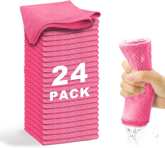 WEAWE Microfiber Cleaning Cloth-24Pcs (13x13 inch) Ultra Soft Highly Absorbent Rags for Housekeeping-Machine Wash (HotPink)