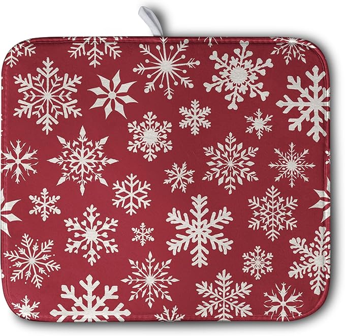 Kwlegh Christmas Snowflakes Dish Drying Mat for Kitchen Counter 16x18 Inch Red White Winter Xmas Pattern Dish Drying Pad for Dishes Microfiber Absorbent Dish Drainer Rack Mats for Countertop