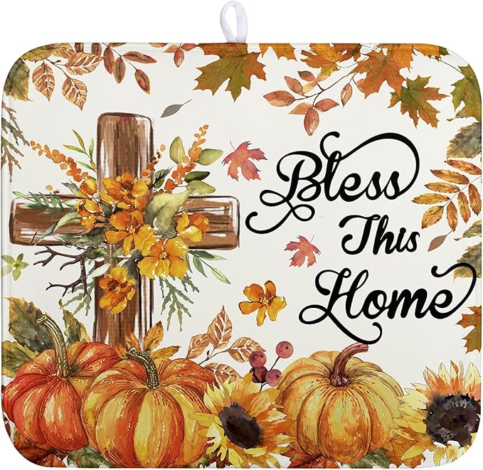Wnoesat Fall Drying Mat for Kitchen Counter Autumn Thanksgiving Pumpkin Cross Dish Mat Sunflower Maple Leaf Absorbent Microfiber Dish Draining Mat Reusable Dishes Pad Medium 16"x18"