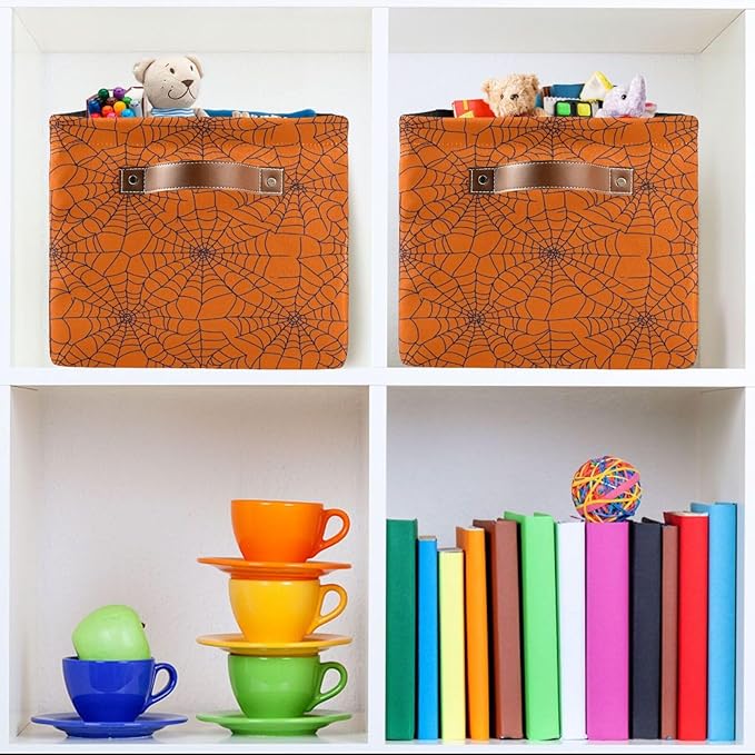 ALAZA Spider Web Orange Cute Halloween Foldable Storage Box Storage Basket Organizer Bins with Handles for Shelf Closet Living Room Bedroom Home Office 2 Pack