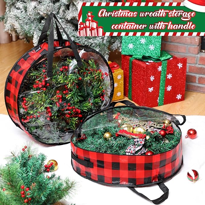 Shappy 4 Pcs Christmas Wreath Storage Bag Wreath Storage Container with Clear Window Plaid Wreath Storage Box with Handles for Storing Garland Holiday Wreath Wrapping(30 Inch,Red Black)