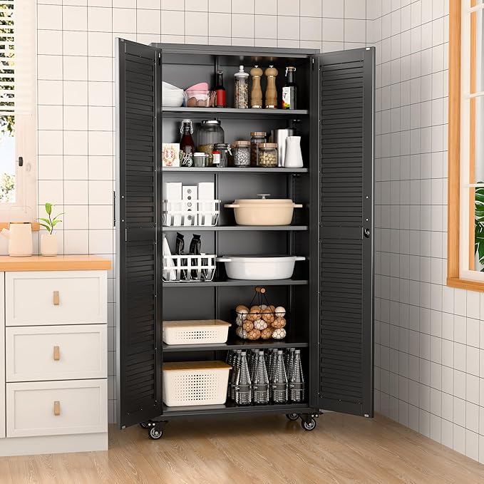 Garage Storage Cabinet with Wheels & Pegboard, Lockable Metal Storage Cabinet with Doors and 5 Adjustable Shelves for Garage, Home, Assembly Required, Black, 70.87" H x 31.5" W x 15.75" D