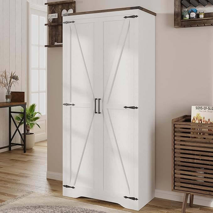 Set of 2 Farmhouse Storage Cabinet with Adjustable Shelves, Large Pantry Organize with 2 Barn Doors, Freestanding Cabinet for Kitchen, Garage, Basement, Living, Utility Room, Off-White