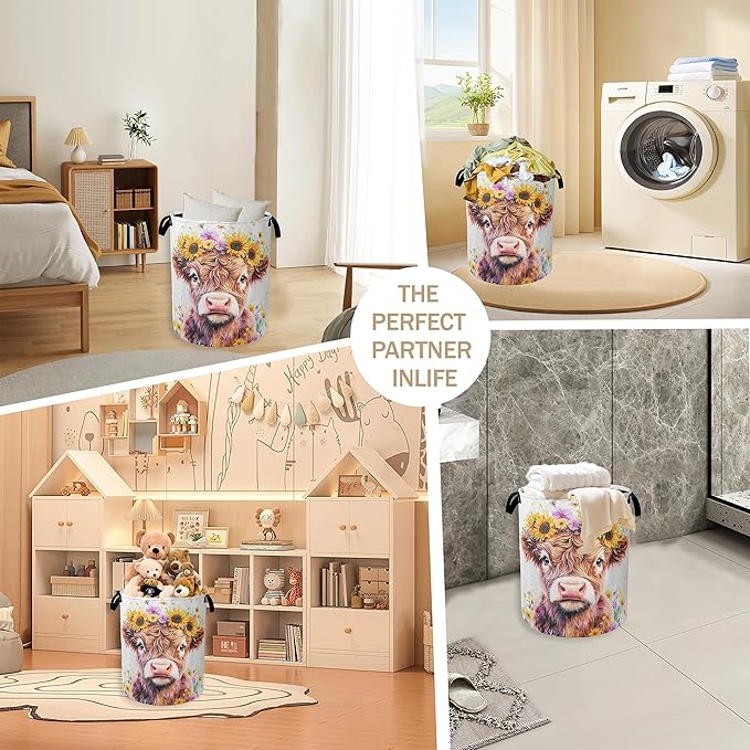 Collapsible Laundry Basket,Cute Highland Cow Dirty Clothes Hamper,Watercolor Flowers Hampers for Bedroom Waterproof Oxford Cloth Storage Organizer for Bathroom,Nursery,Dorm,16x20 Inch