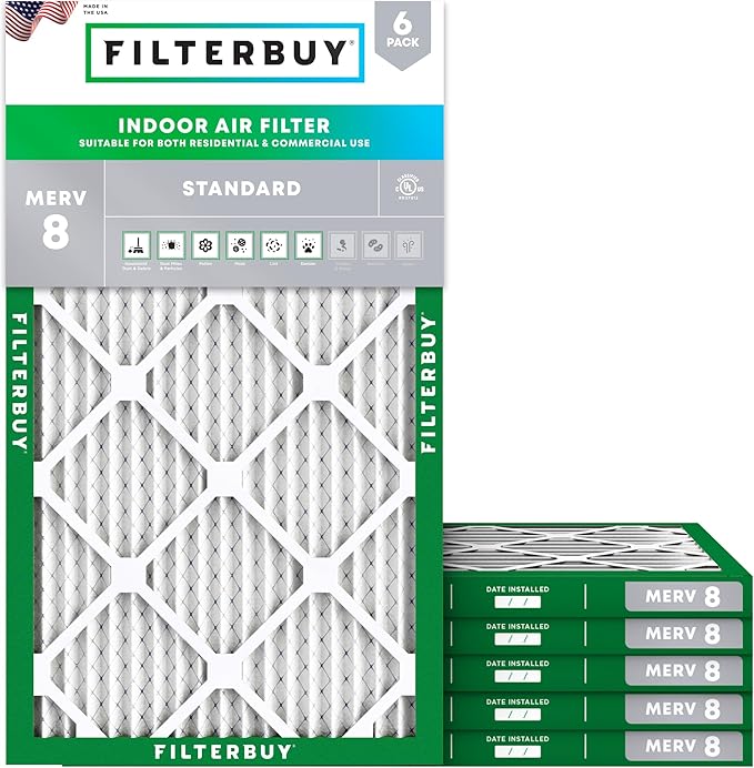 Filterbuy 13x24x1 Air Filter MERV 8 Essential Dust & Allergy Defense (6-Pack), Electrostatic Pleated HVAC AC Furnace Filters Replacement, Made in USA (Actual Size: 13.00 x 24.00 x 0.75)