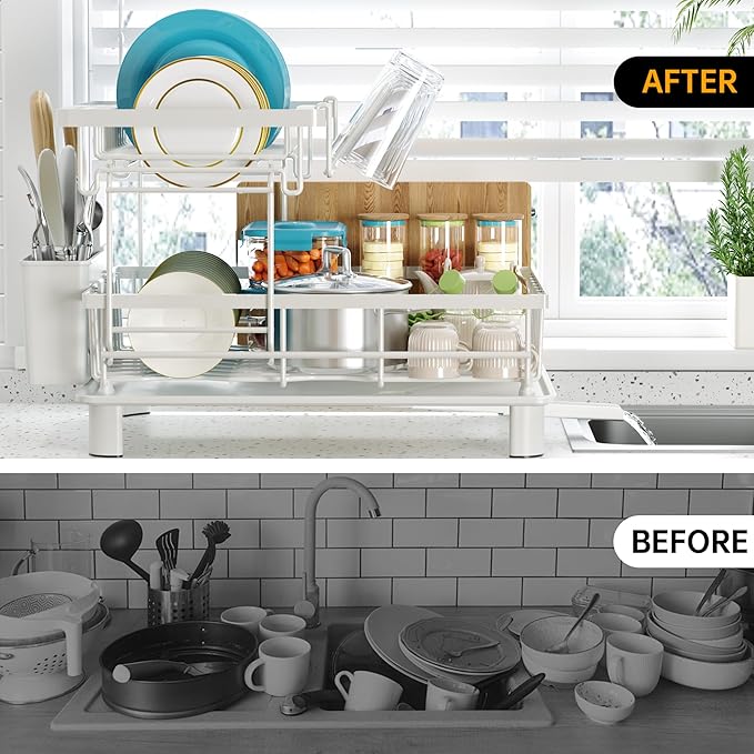 IMXSUMDA Dish Drying Rack, 2 Tier Dish Racks for Kitchen Counter, Compact Dish Drainer Rack, Detachable Dish Rack with Drainboard, Utensil Holder, Cup Holder for Small Space - White