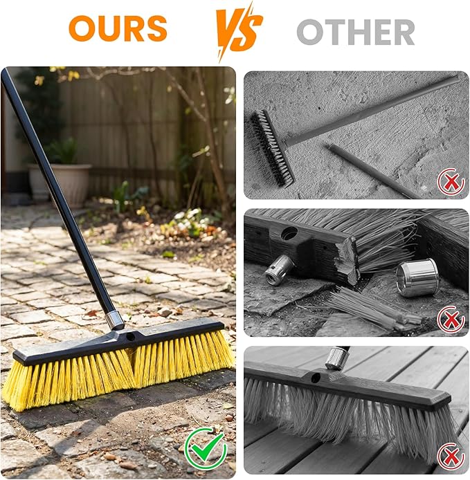 18 Inches Push Broom Outdoor，Commercial Broom Brush，Stiff Bristle Brush with 61.8 inches Long Handle for Patio Garage Deck Street Shop Warehouse Lawn Driveway -2 Pack
