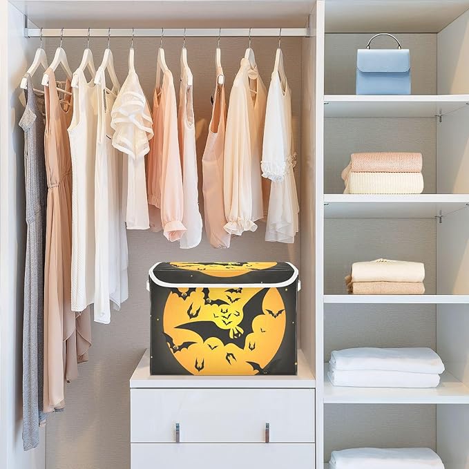 Halloween Storage Baskets Collapsible Storage Bins with Lids, Bat Pattern Storage Boxes Clothes Baskets for Organizing