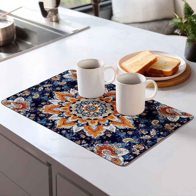 Mandala Flowers Dish Drying Mat for Kitchen Counter Microfiber Super Absorbent Non-Slip Dish Drying Pad for Countertops Dishes Utensils Stylish Quick-Dry Machine Washable 18x24 Inch