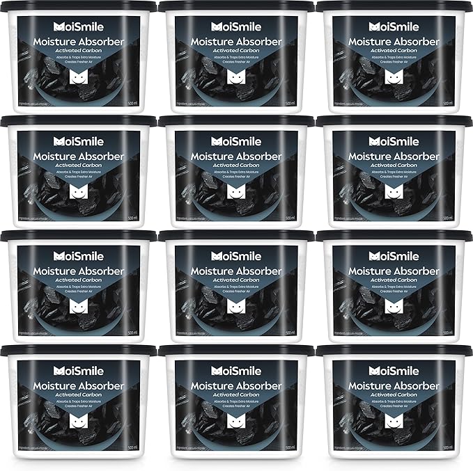 Moismile Moisture Absorbers 12 Packs, 10.8OZ Activated Charcoal Efficient Humidity Absorber ＆ Odor Absorber Boxes, Refillable Car Dehumidifier for Closet, Bathroom, Basement＆ RV